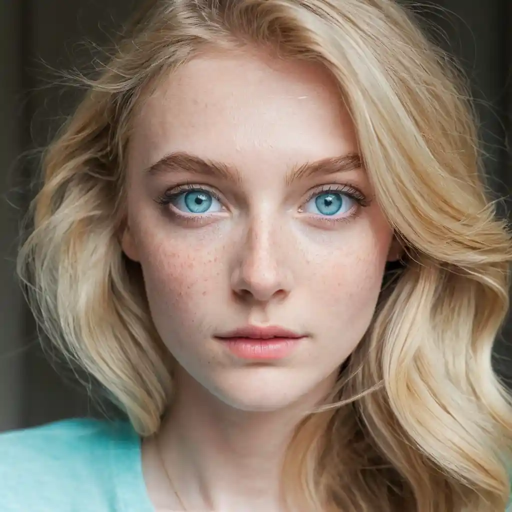 Young blond woman with freckles and striking cyan eyes