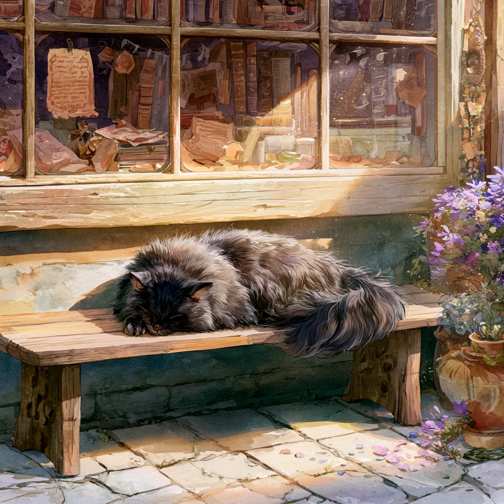 Sleeping black cat on bench by enchanted bookshop