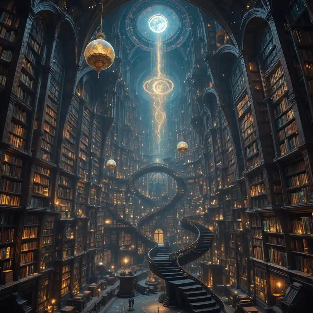 Endless Cosmic Library With Floating Books And Galaxies