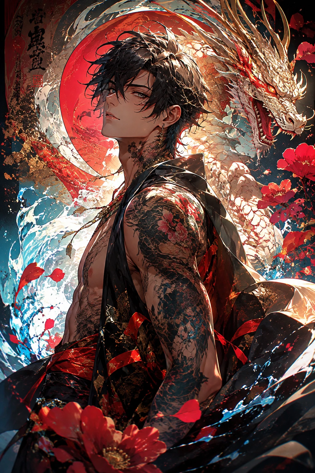 Vibrant theatrical anime woman in a centered dramatic portrait