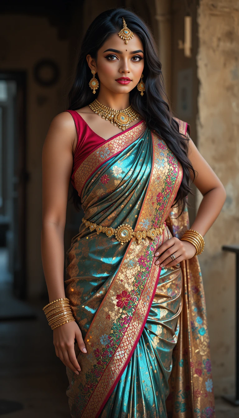 Indian woman in glossy mirror saree full body fashion pose