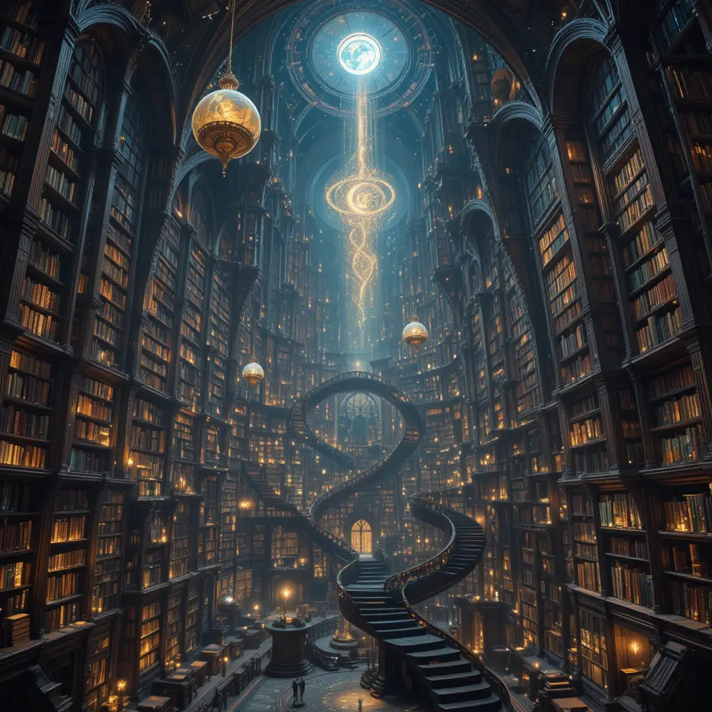 Endless Cosmic Library With Floating Books And Galaxies