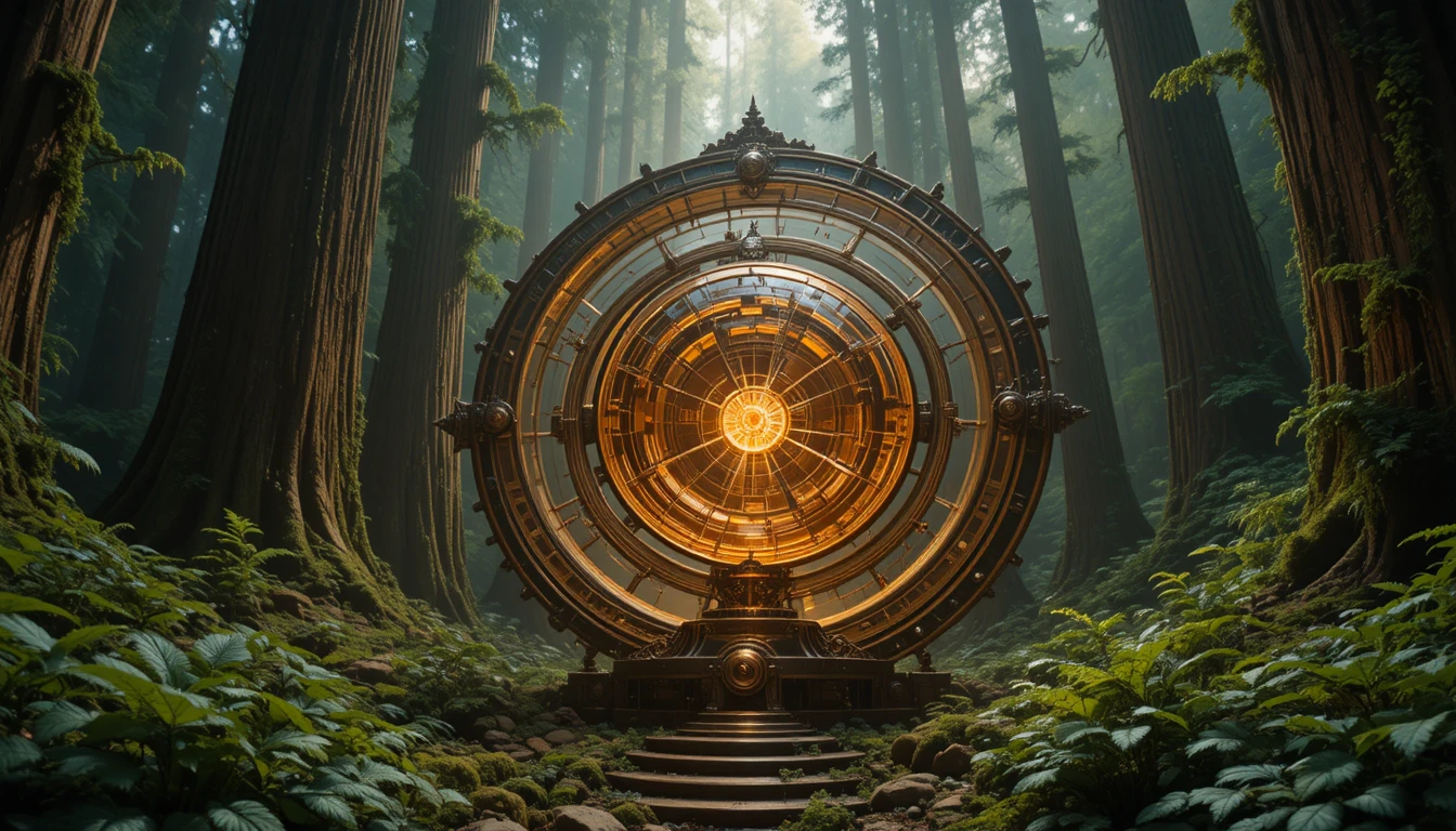 Giant brass orrery glowing in a primeval forest