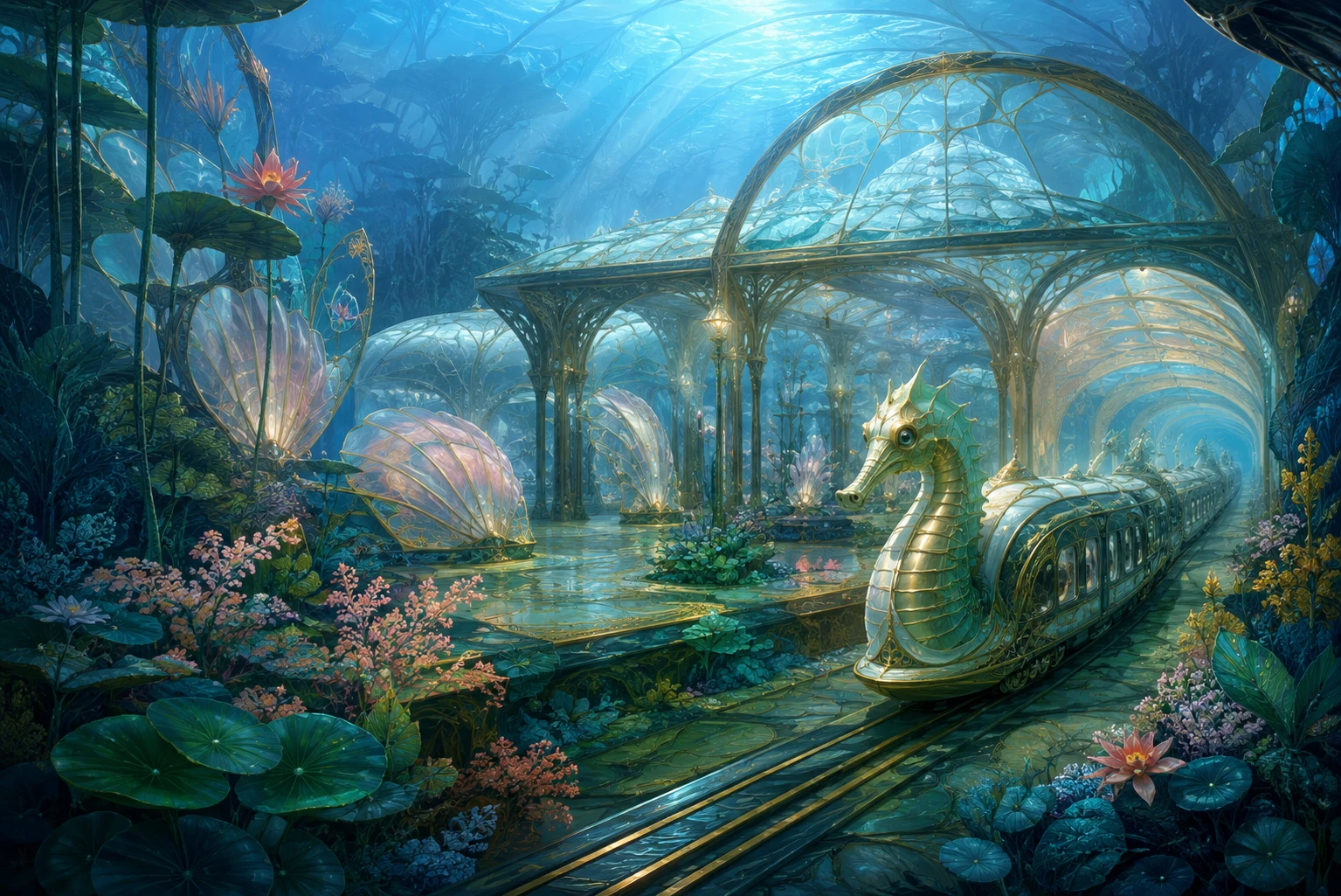 Underwater railway station with seahorse trains and coral gardens