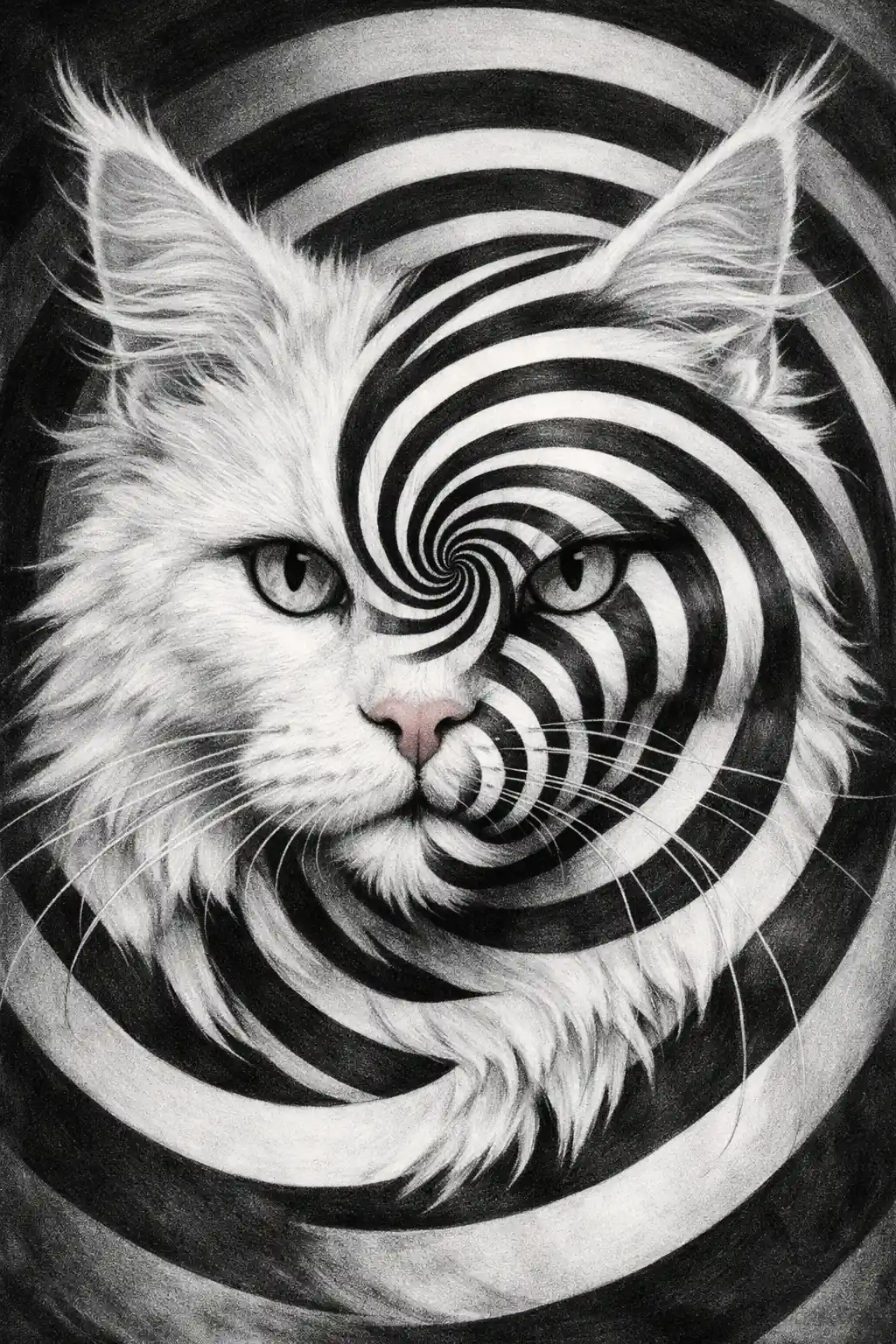 White maine coon cat face with spiral optical illusion