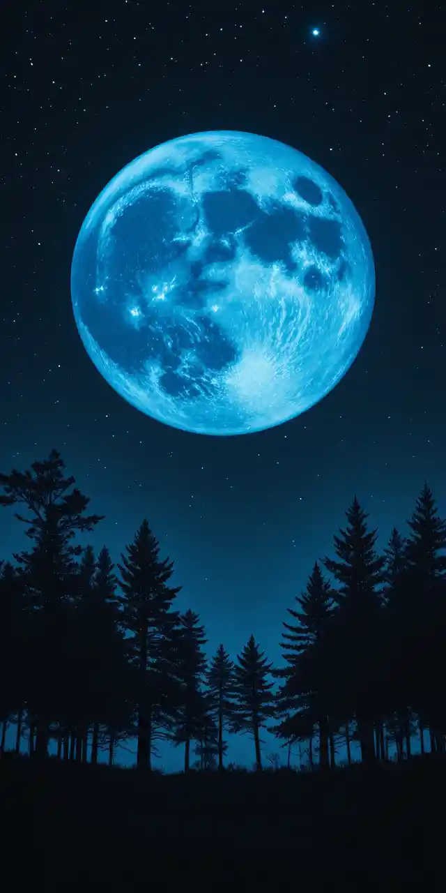 Blue moon glowing over dark trees and starry night sky