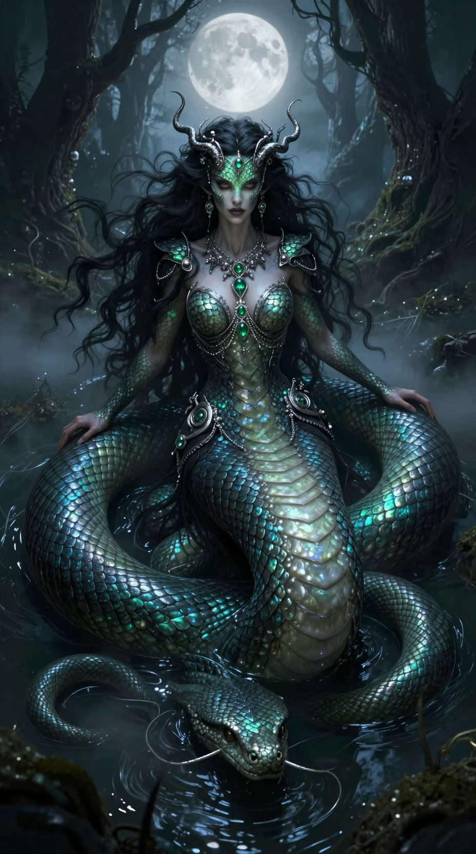 Gorgon serpent queen in a moonlit gothic swamp