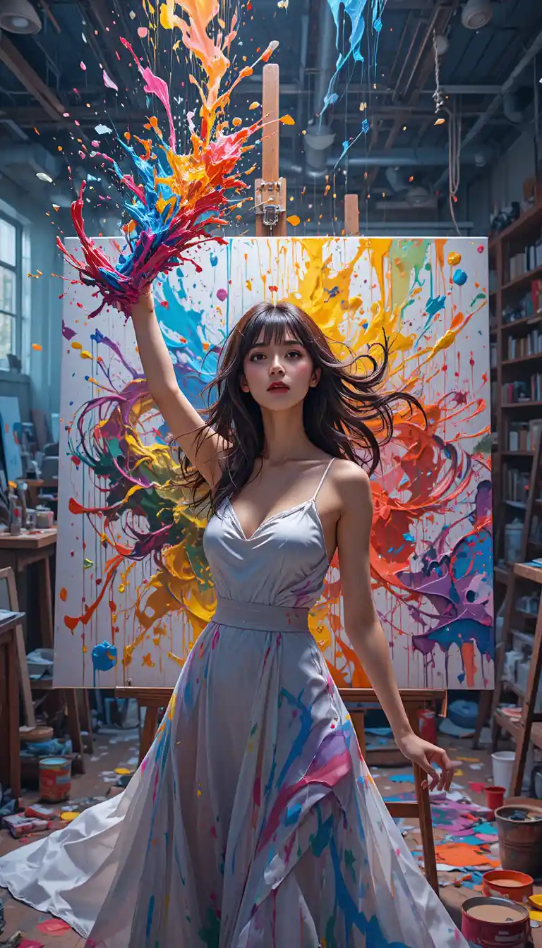 Anime woman painter splashing color across a large canvas