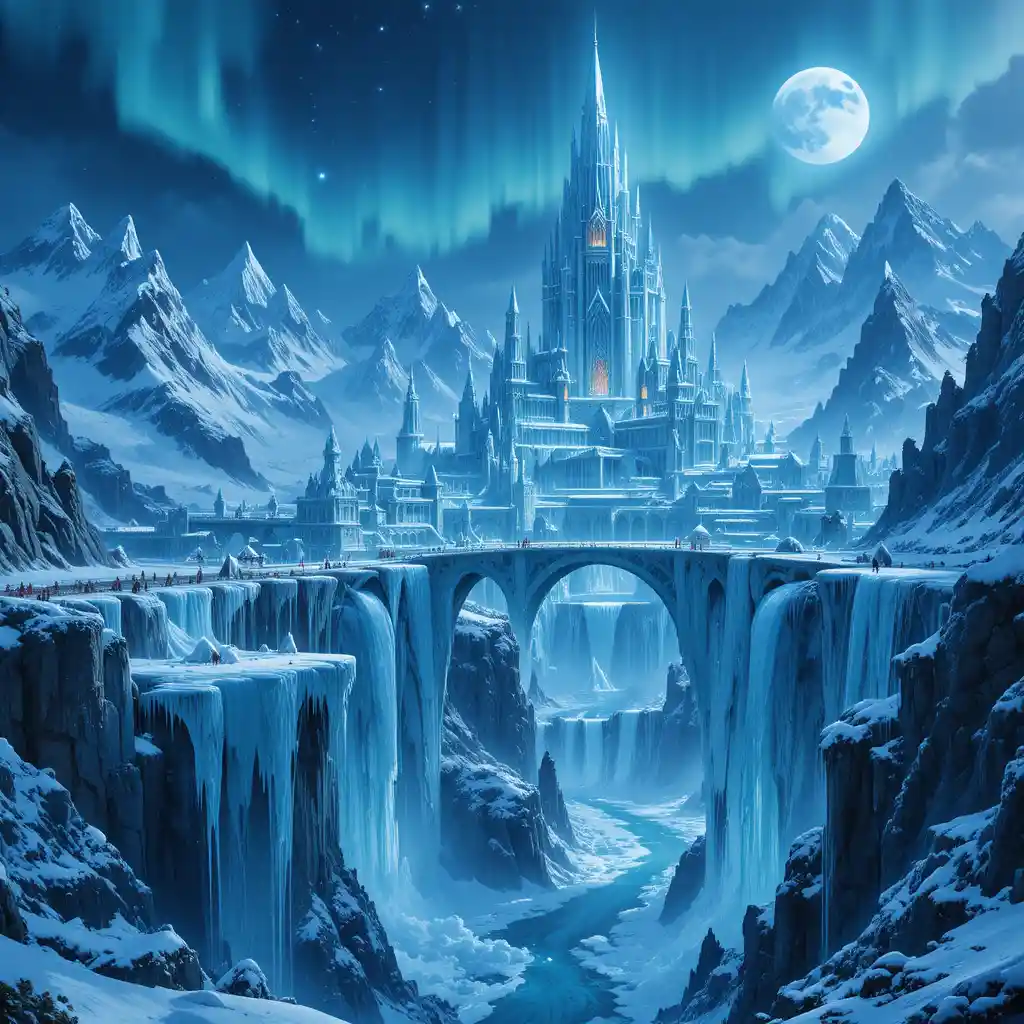Vast frozen empire of crystal palaces under aurora skies