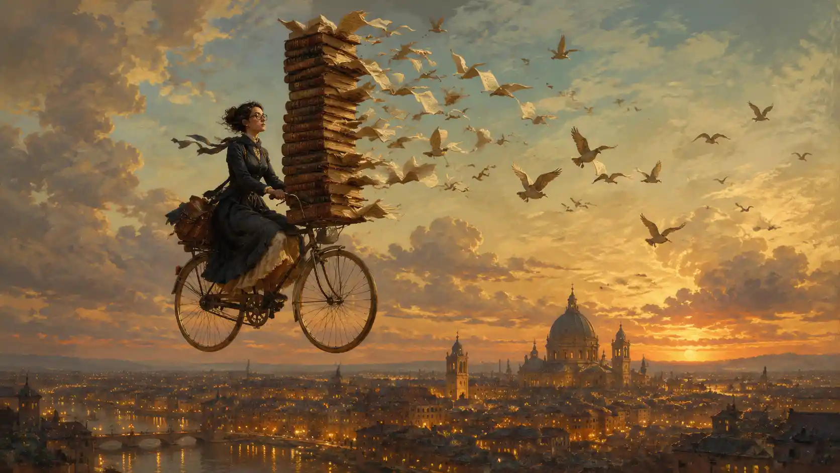 Librarian Cycling Through A Sunset Sky With Flying Books