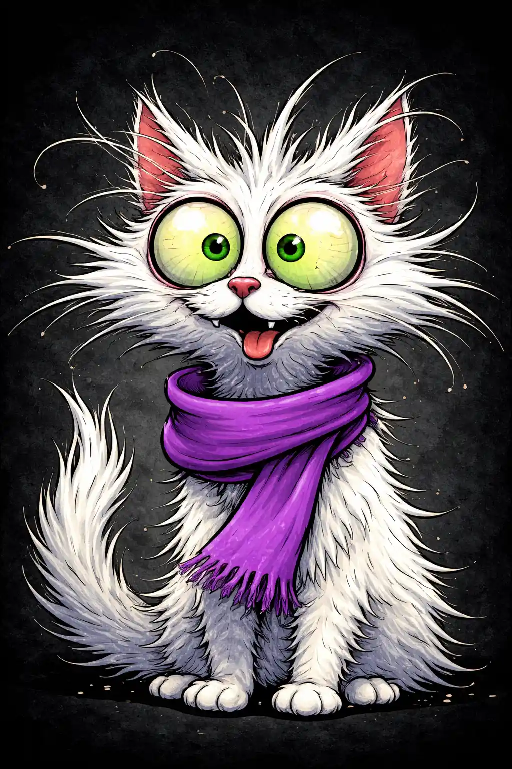 White cartoon cat with bulging green eyes and purple scarf