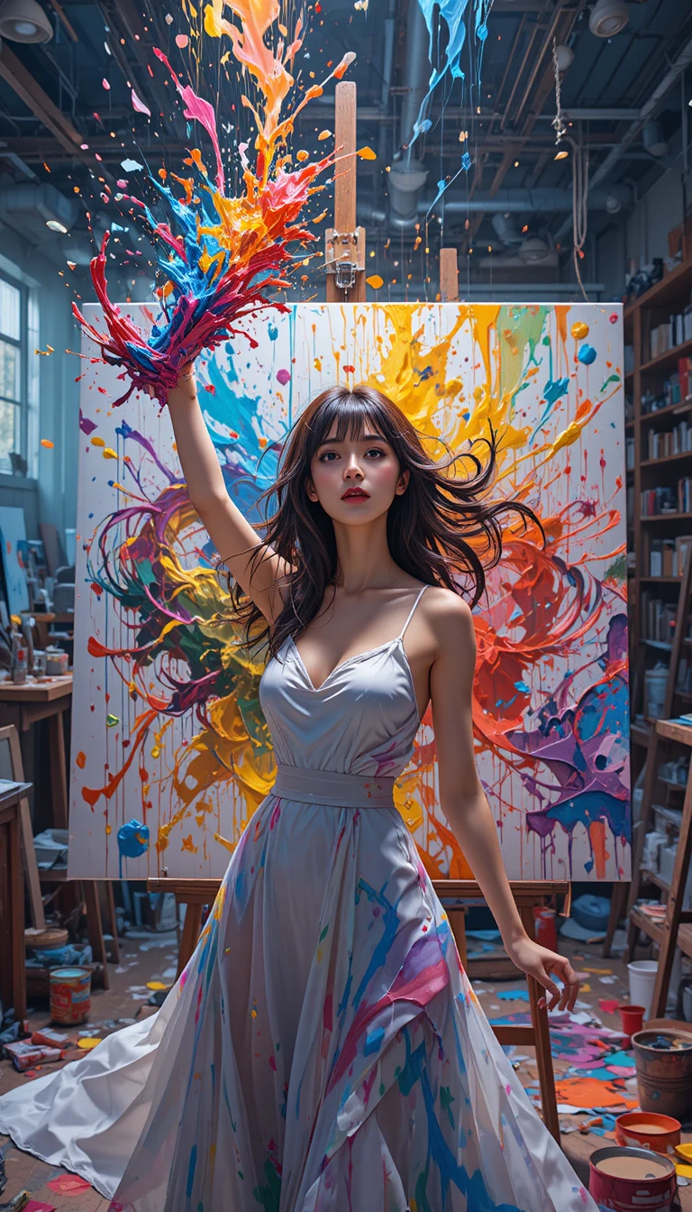 Anime woman painter splashing color across a large canvas