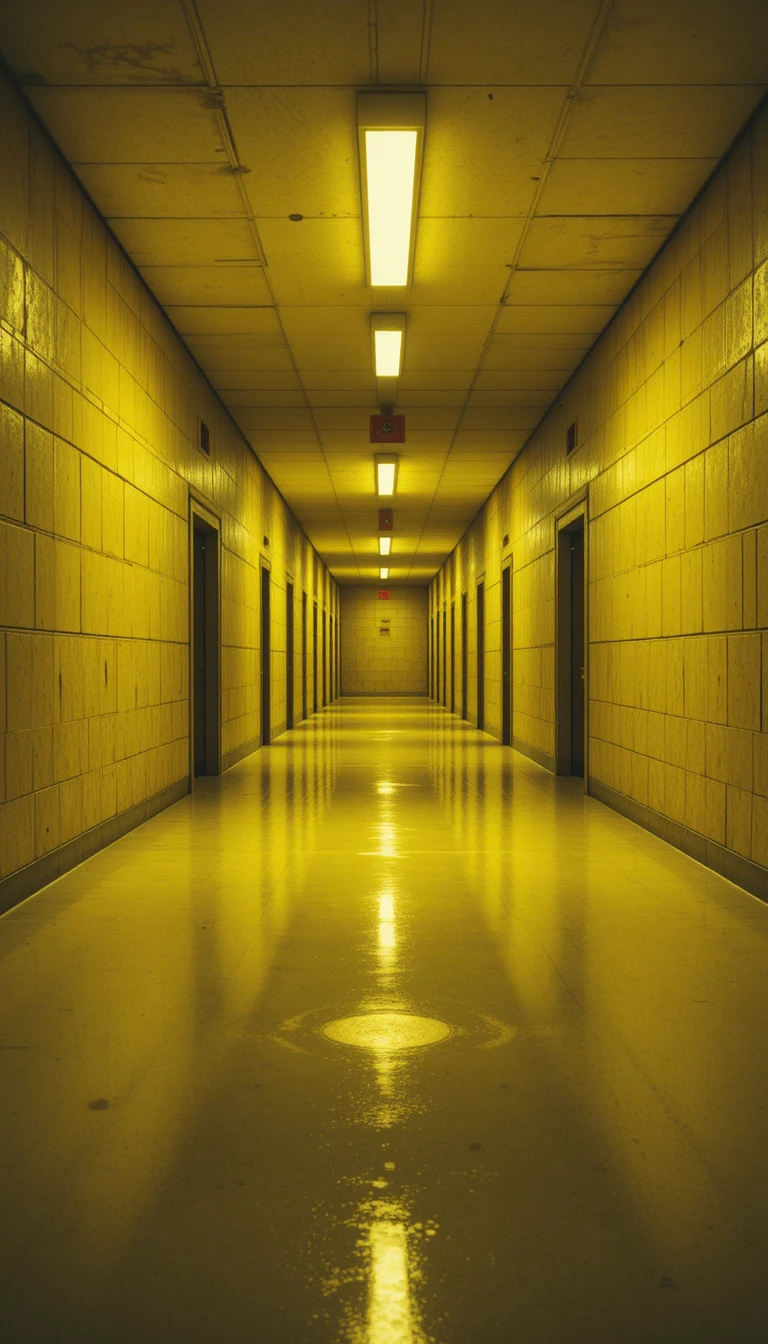 Empty fluorescent hallway with deep one point perspective