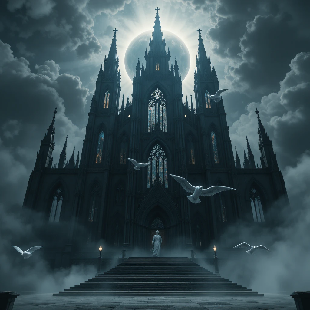 Gothic cathedral beneath a total solar eclipse with angels