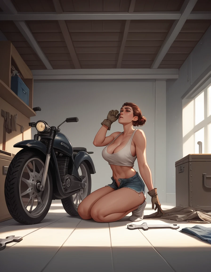 Grease stained girl mechanic cleaning a motorbike tank