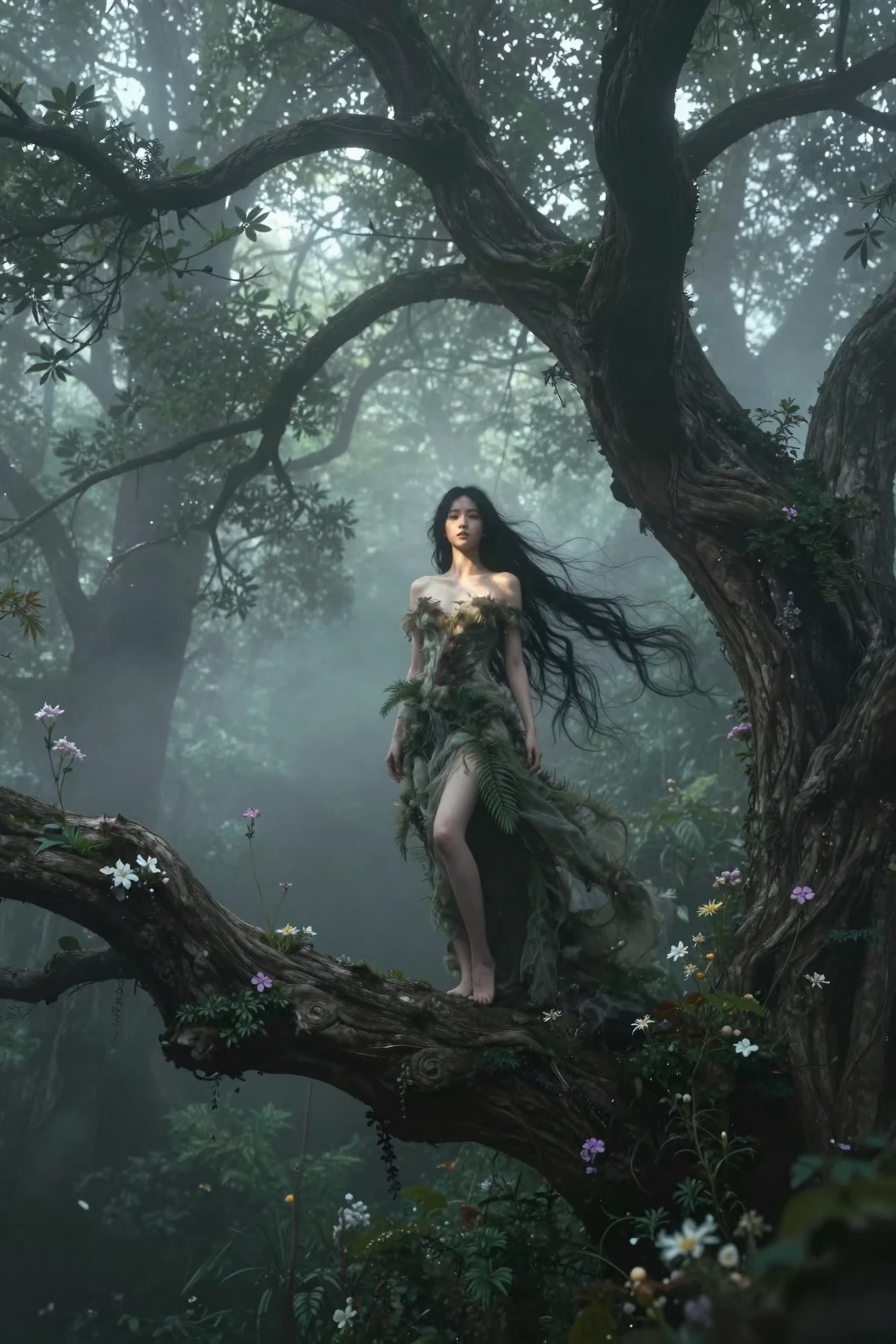 Ethereal woman on twisted tree branch in misty forest