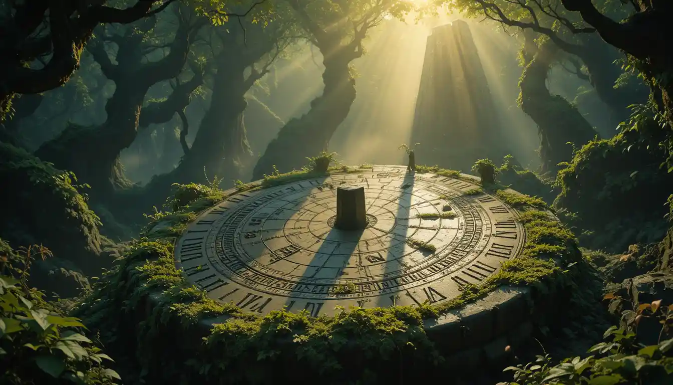 Ancient stone sundial glowing in a misty forest clearing