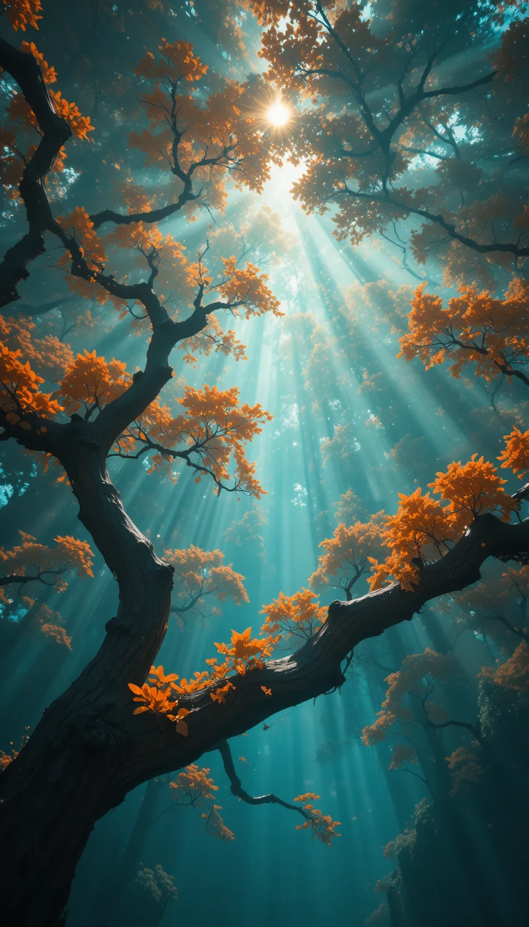 Sunlit blossoms through twisted forest branches below