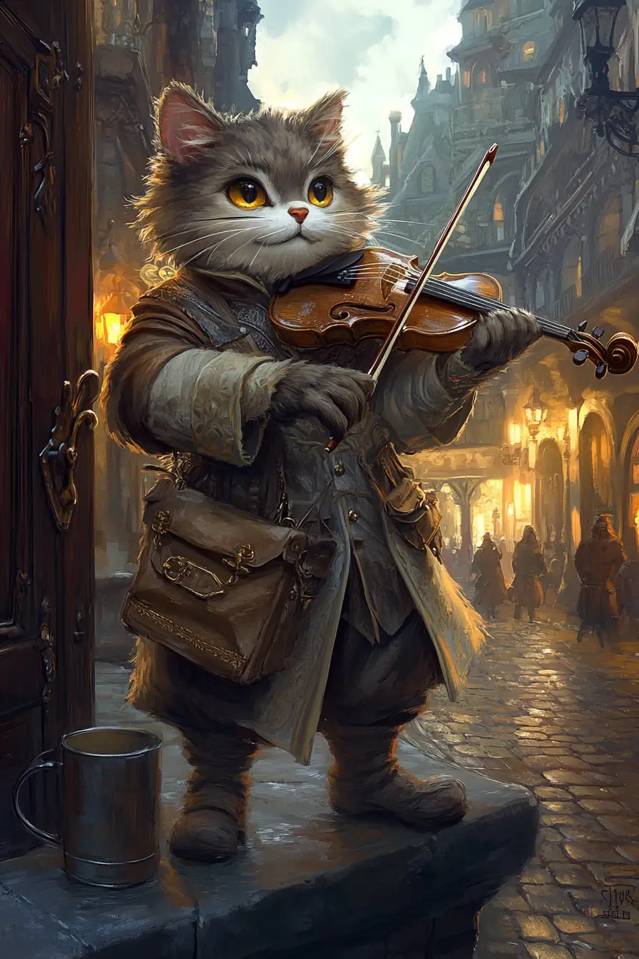 Anthropomorphic cat violinist on an old European street ledge