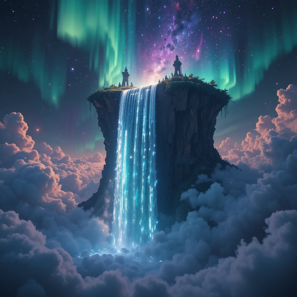 Surreal cosmic waterfall cascading from a floating island