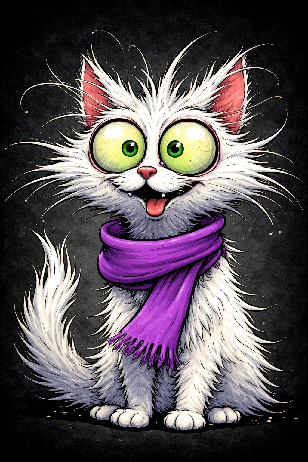 White cartoon cat with bulging green eyes and purple scarf
