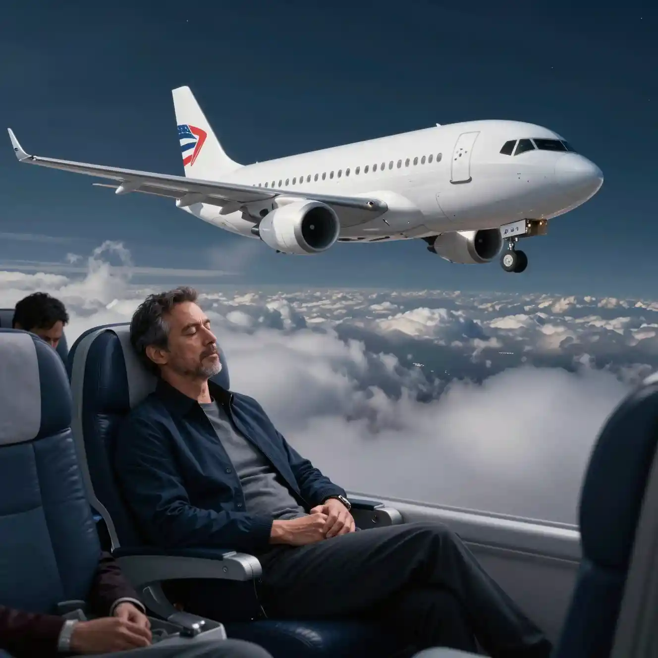 Calm middle aged man resting by airplane window at night