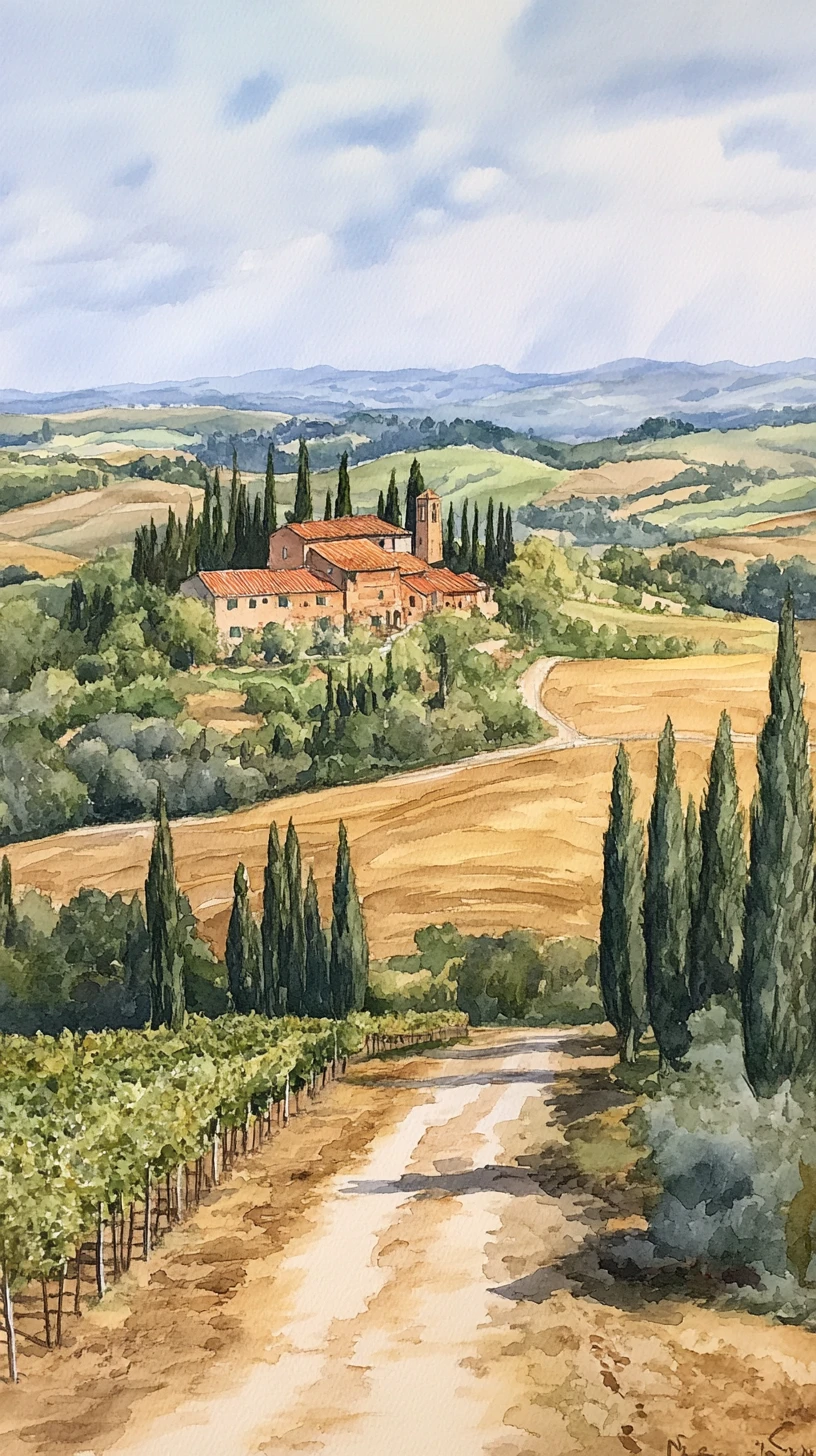 Watercolor of rustic Tuscan hills with vineyards and homes