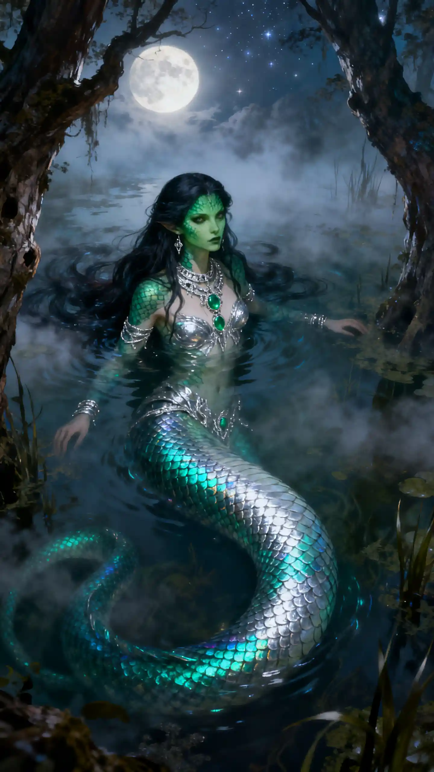 Gorgon serpent queen in a moonlit gothic swamp