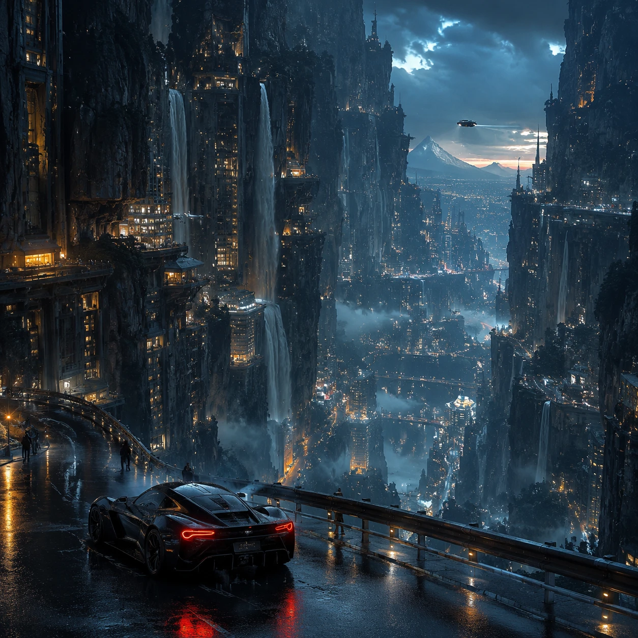 Futuristic canyon city with hypercar at blue hour