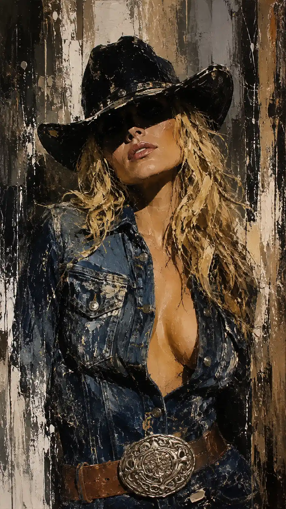 Cowgirl bionda in ritratto a olio materico con occhi in ombra