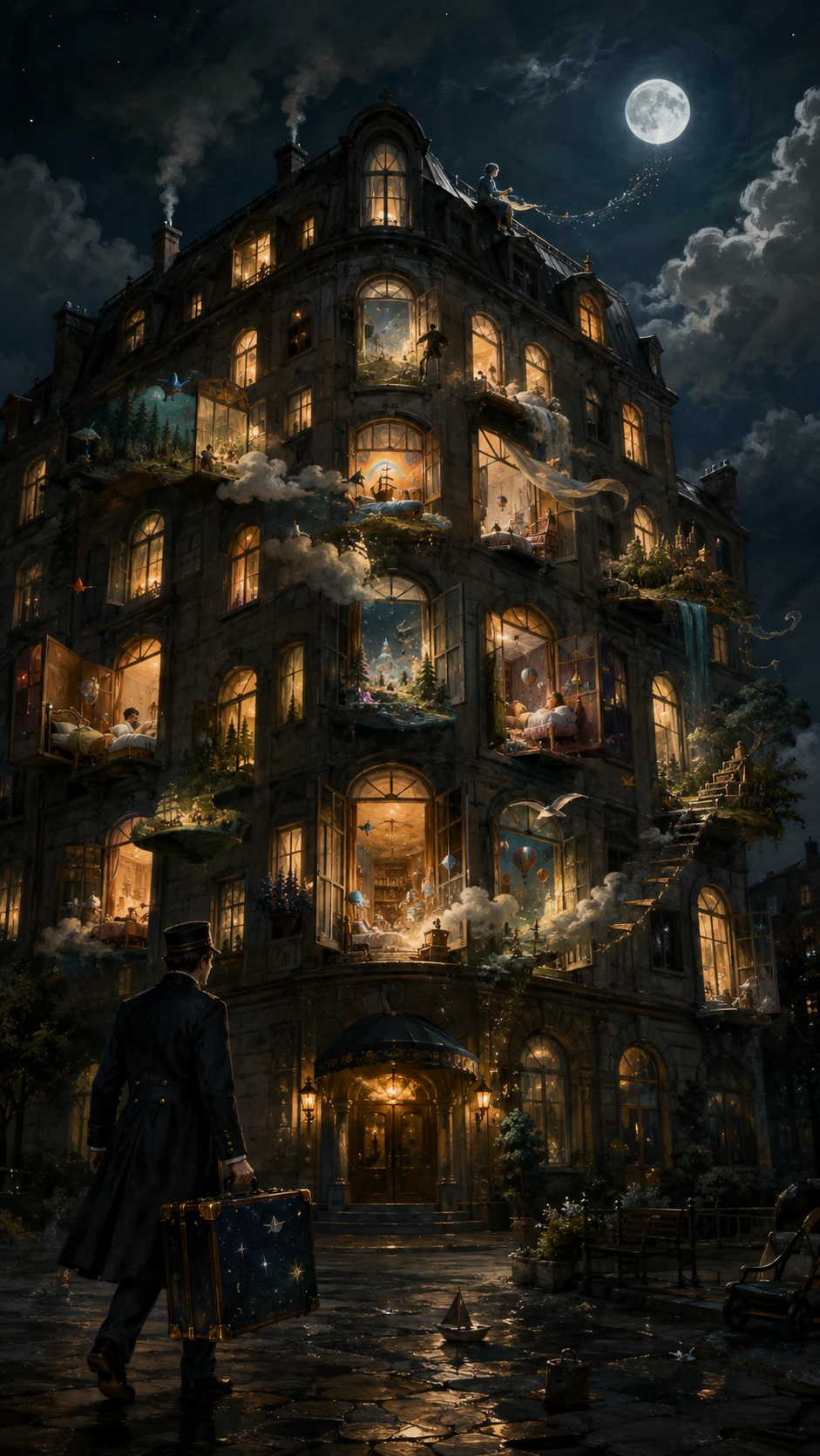 Old hotel under moonlight with drifting dreamscapes