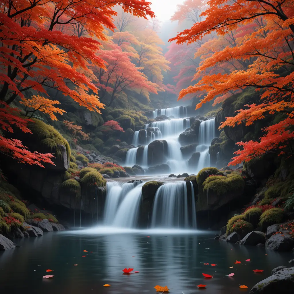 Autumn waterfall in a tranquil Japanese maple forest