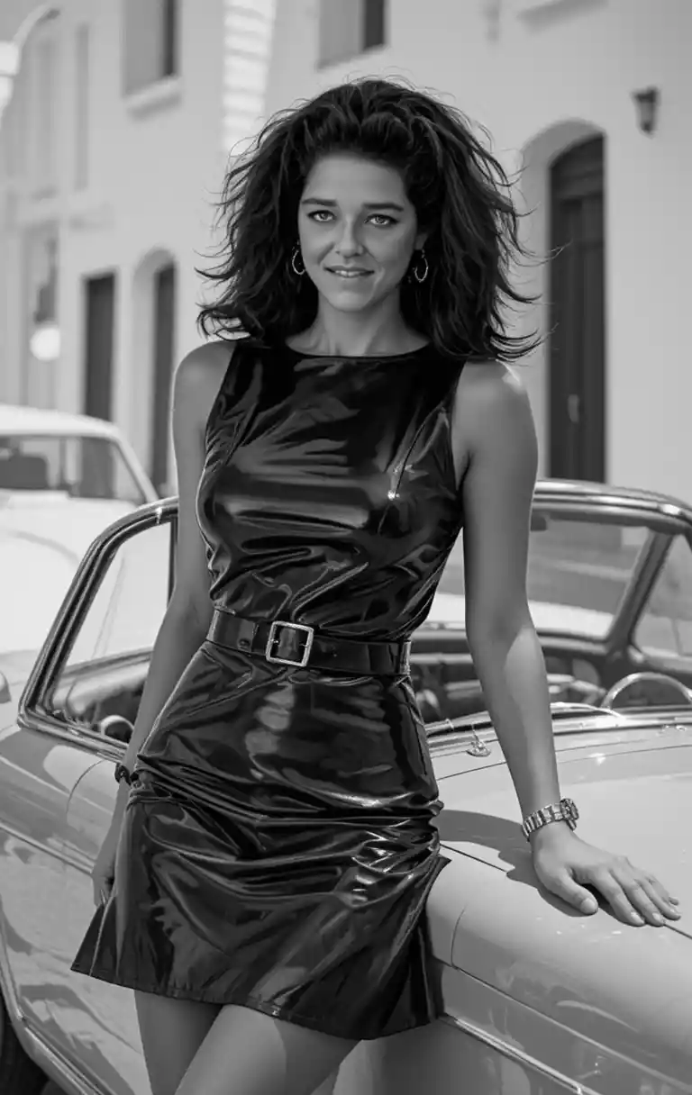Stilvolle Frau mit Oldtimer im Küstendorf