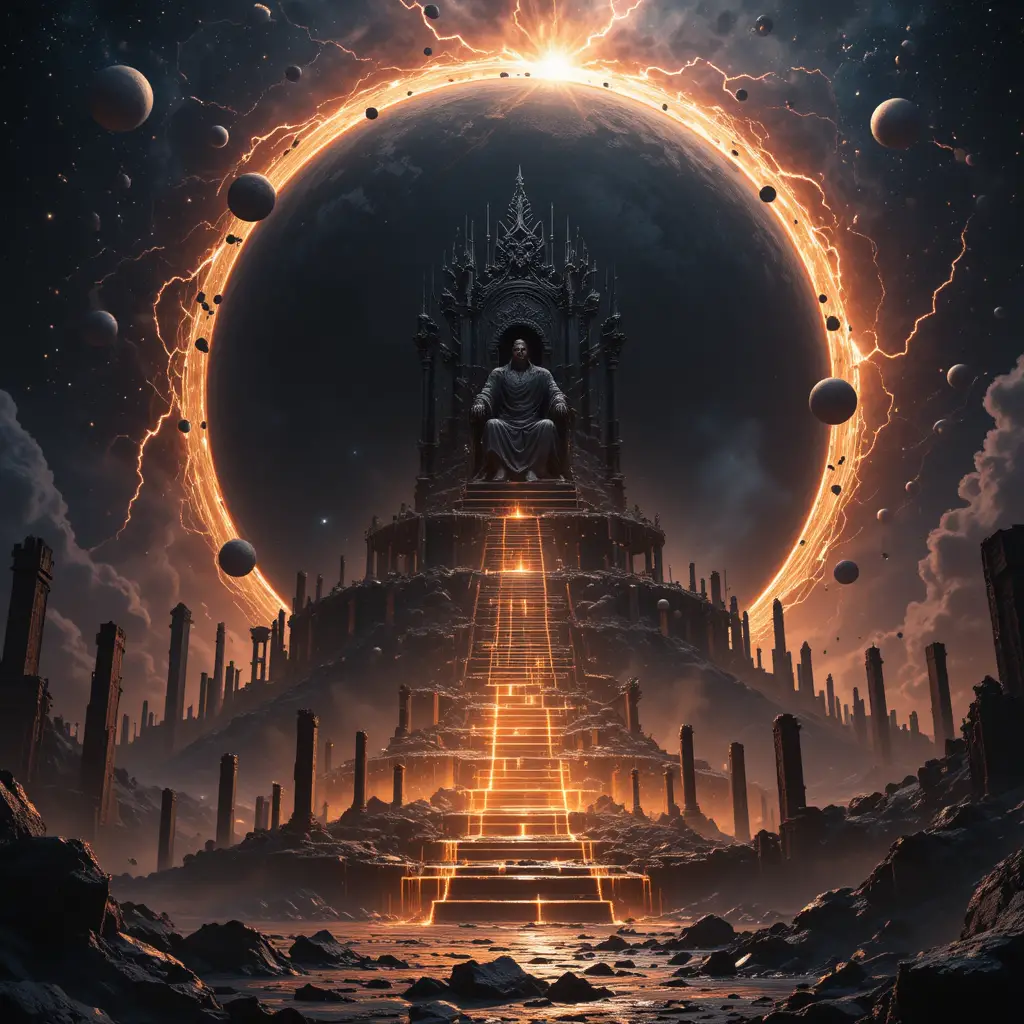 Obsidian throne hovering above a vast black sun