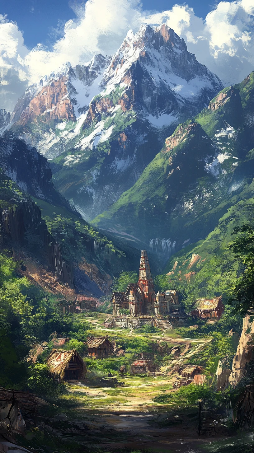 Fantasy village landscape with mountains and green hills