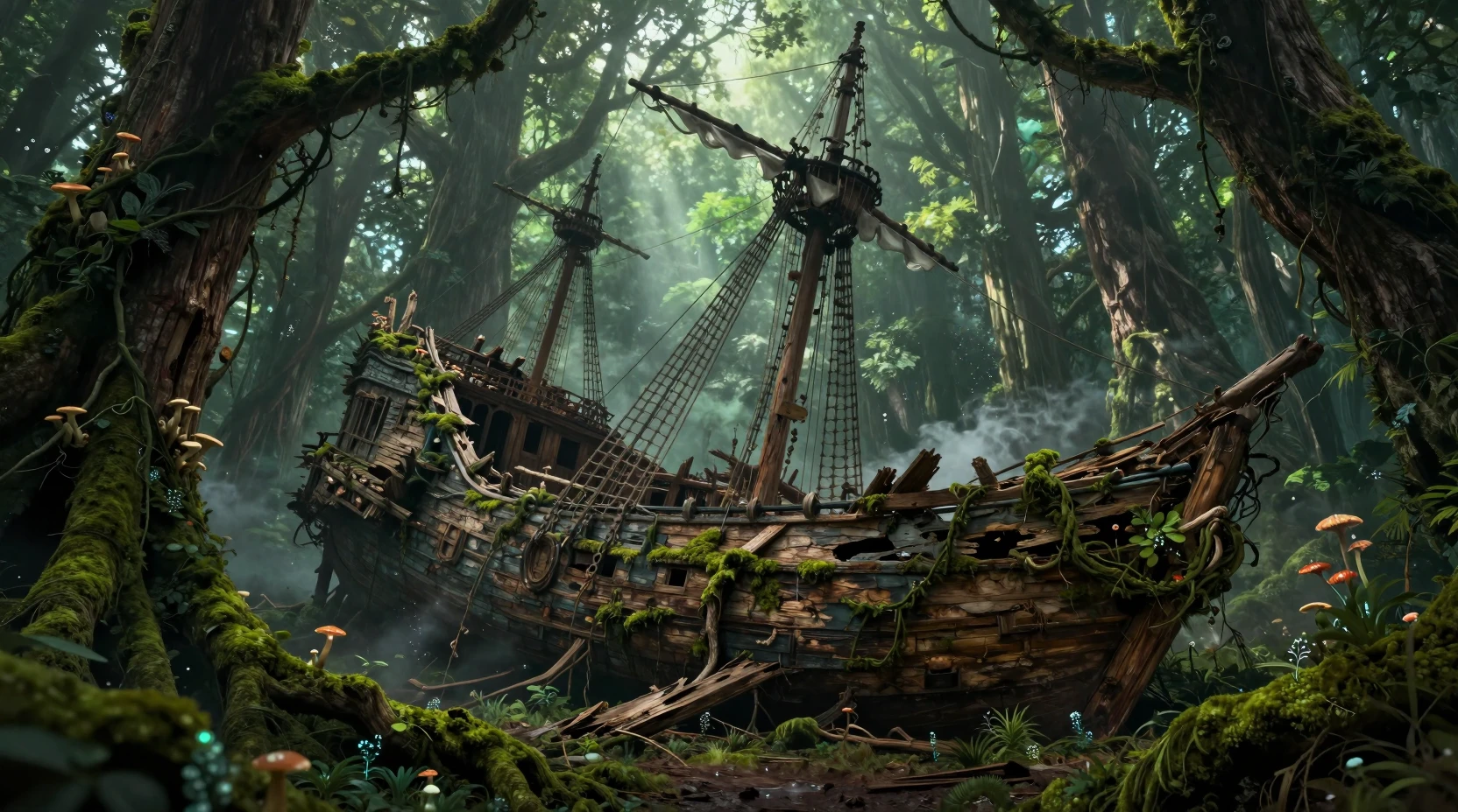 Ancient pirate shipwreck consumed by a dense primeval forest