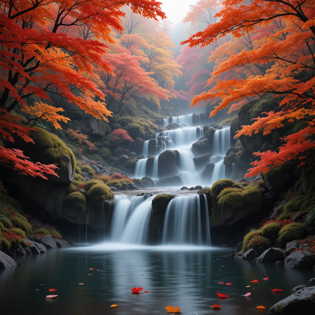 Autumn waterfall in a tranquil Japanese maple forest