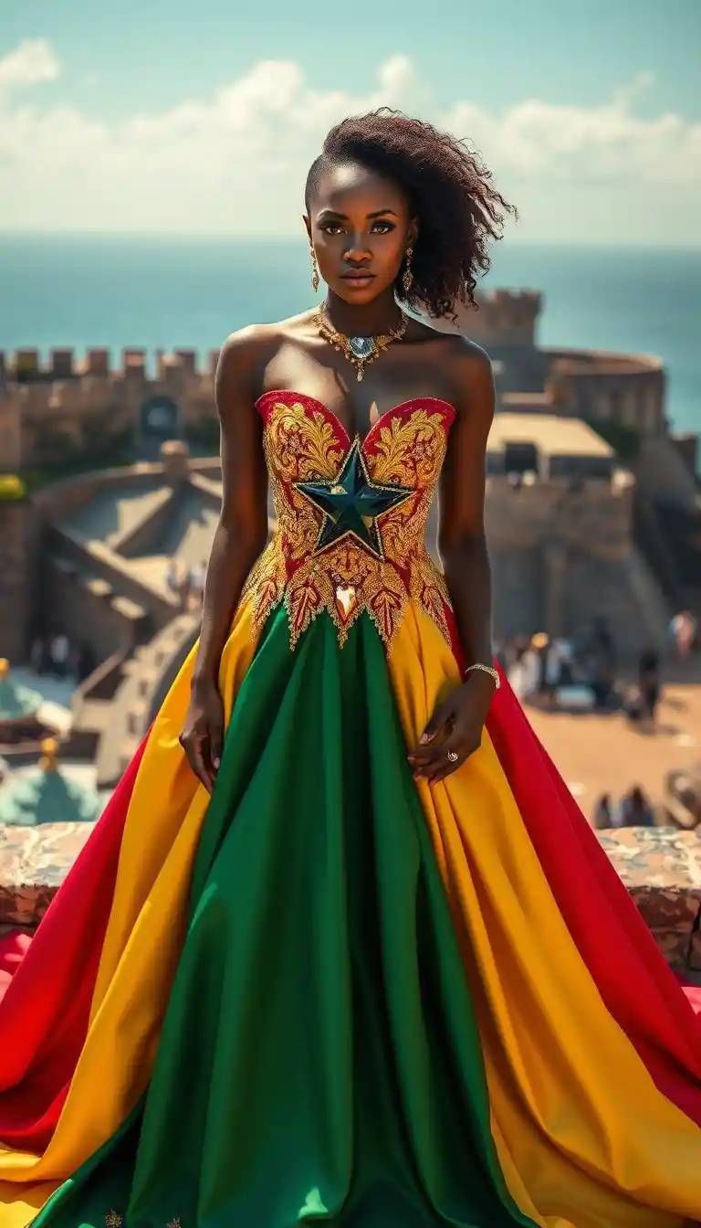 Ghanaian woman in flag inspired gown by the Atlantic coast