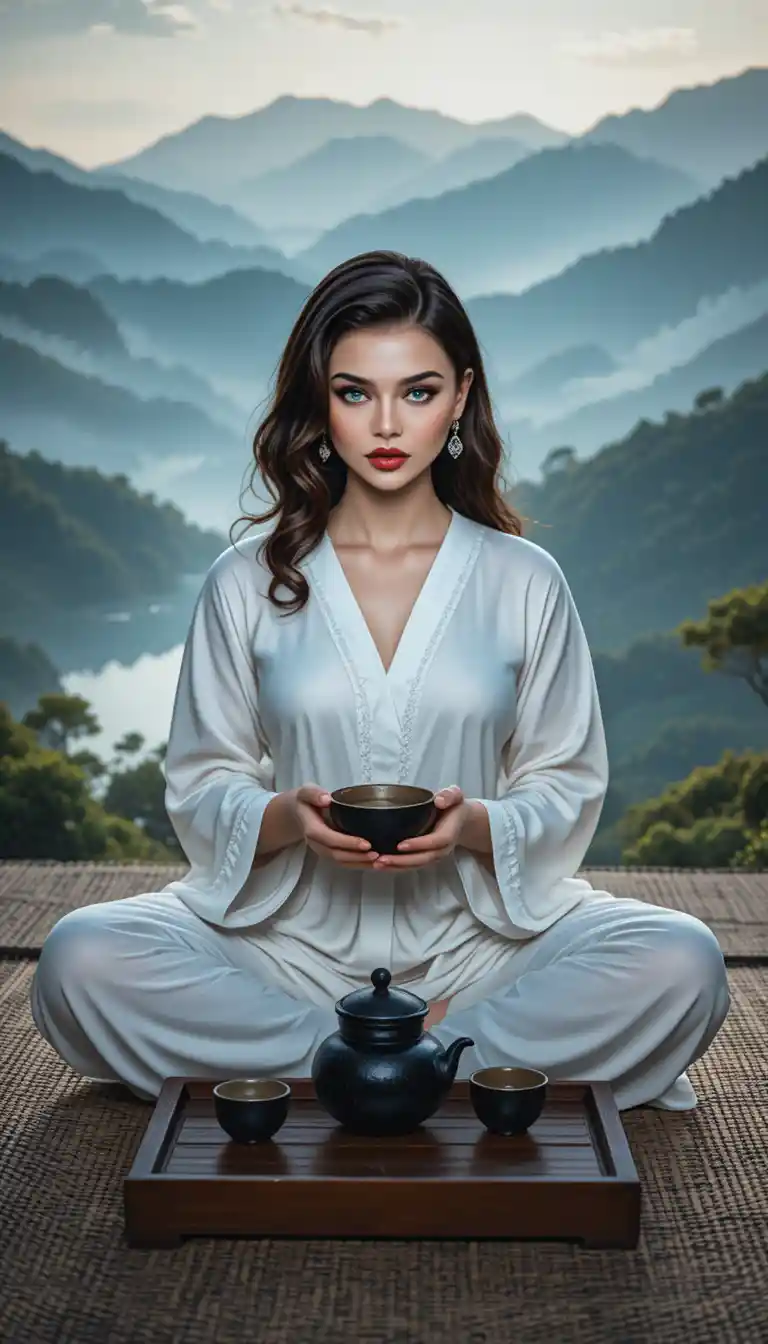 Young woman meditating with tea by a tranquil mountain lake