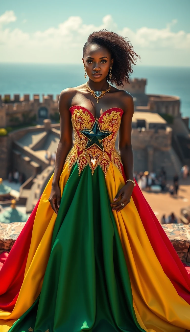 Ghanaian woman in flag inspired gown by the Atlantic coast