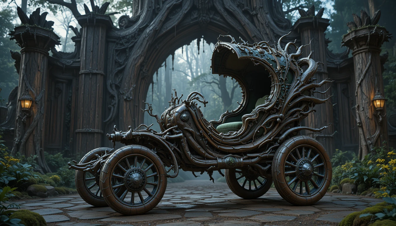 Fantasy root chariot before a colossal world tree gate