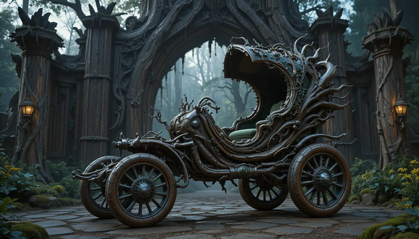 Fantasy root chariot before a colossal world tree gate
