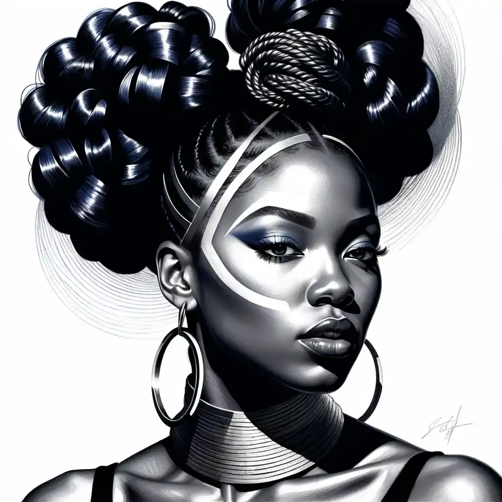 Surreal graphite portrait of a powerful Black woman in motion
