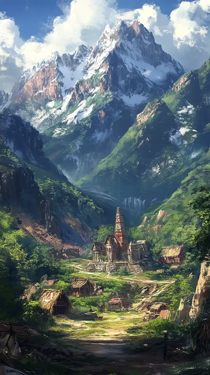 Fantasy village landscape with mountains and green hills