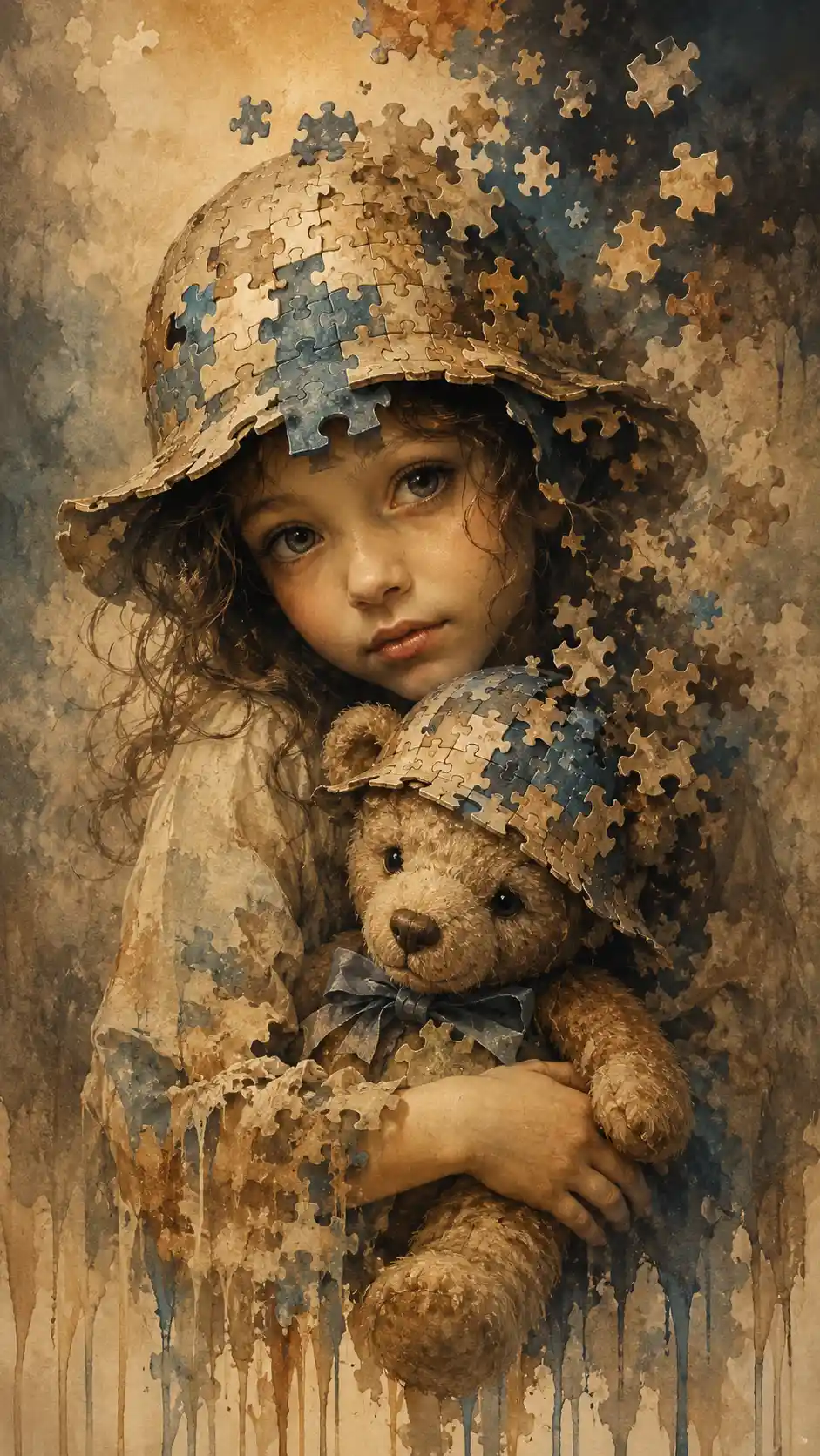 Young girl with teddy bear in puzzle piece hats