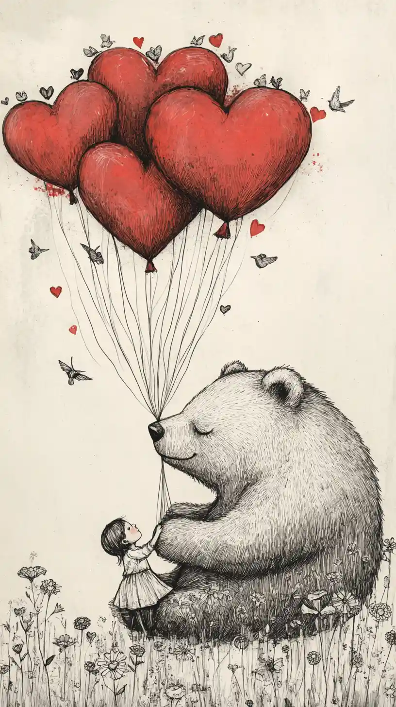 Piccolo bambino che fluttua con un enorme orso di palloncini a forma di cuore