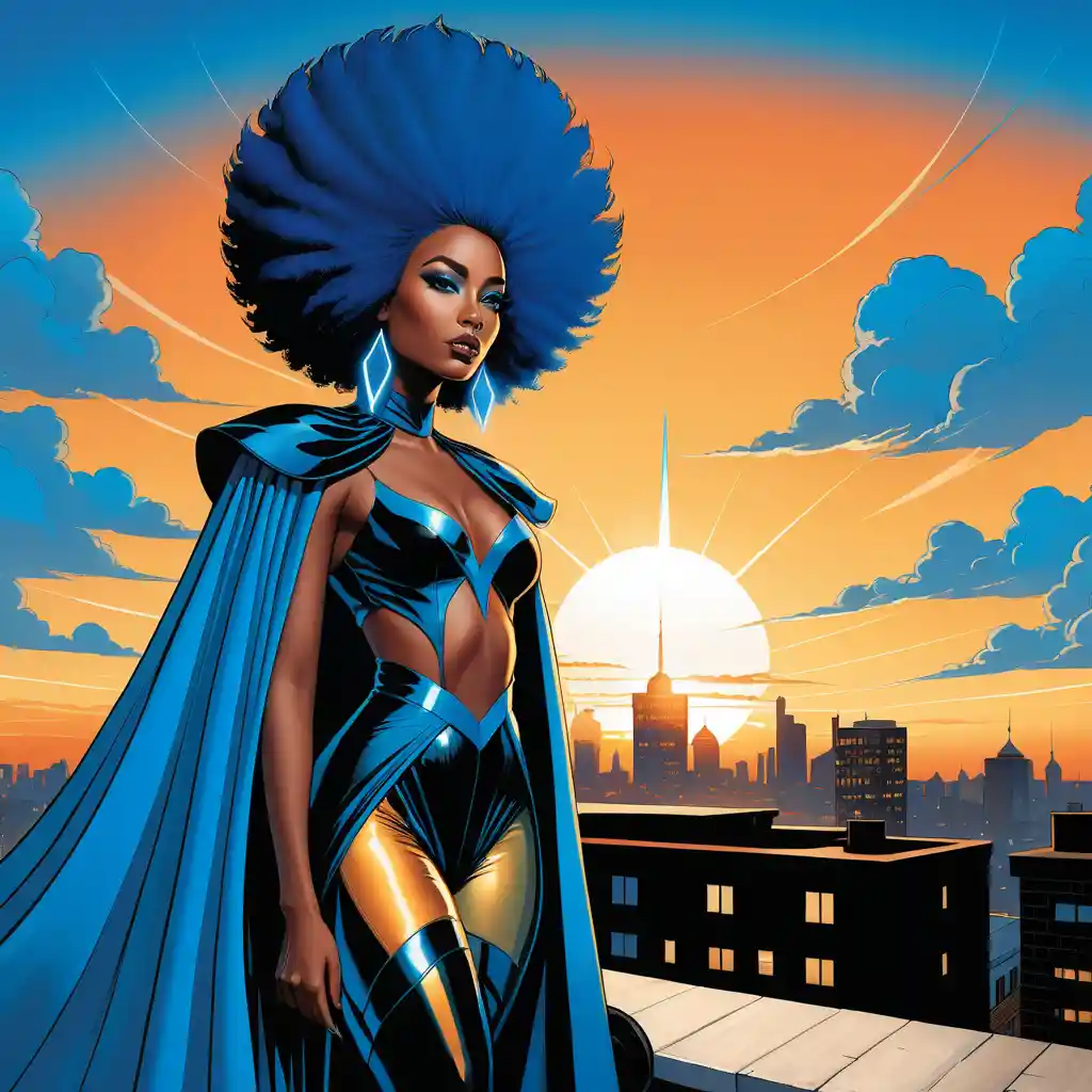 Surreal woman with blue afro on rooftop at sunset