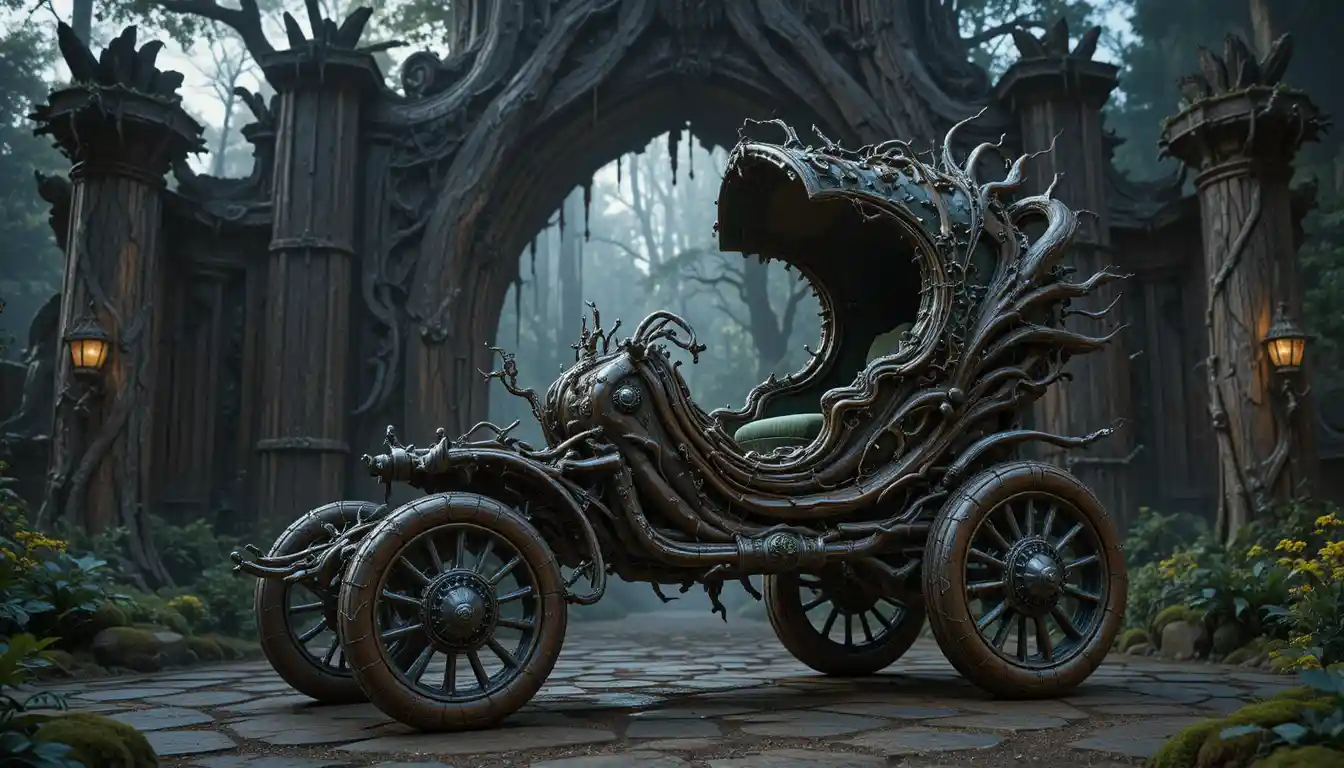 Fantasy root chariot before a colossal world tree gate