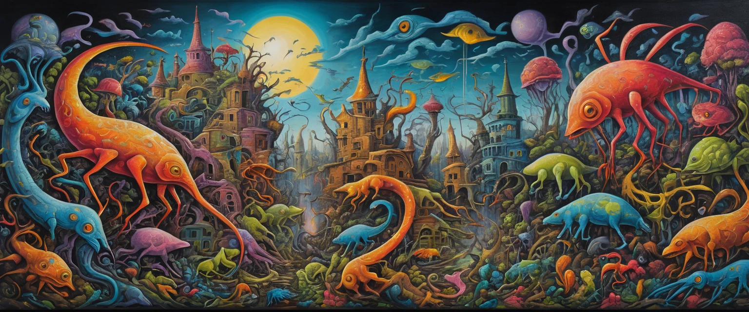 Creature ibride surreali che vorticano in un caotico regno fantasy