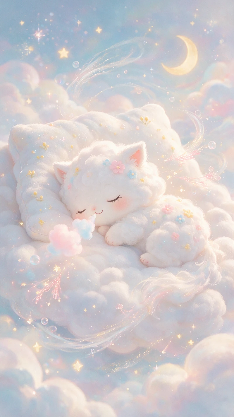 Sleeping cloud creature in a soft pastel dream sky